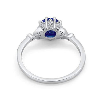 Floral Art Deco Wedding Ring Round Simulated Blue Sapphire CZ 925 Sterling Silver